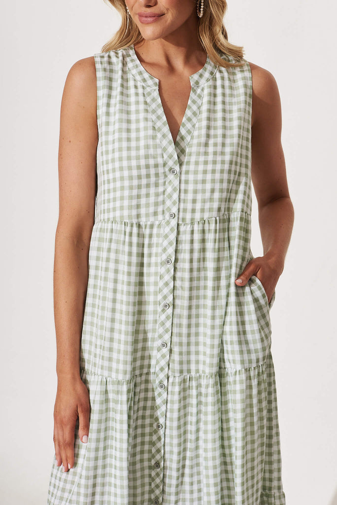 Jolly Midi Smock Dress In Green Gingham Check Cotton Blend - detail