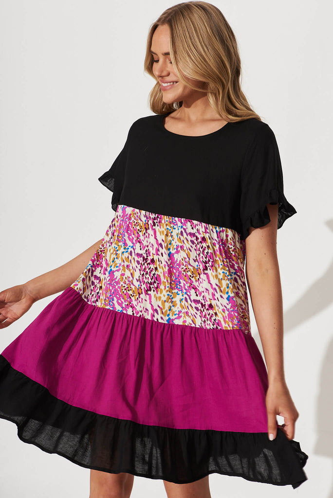Krystin Dress In Black With Magenta Print - front