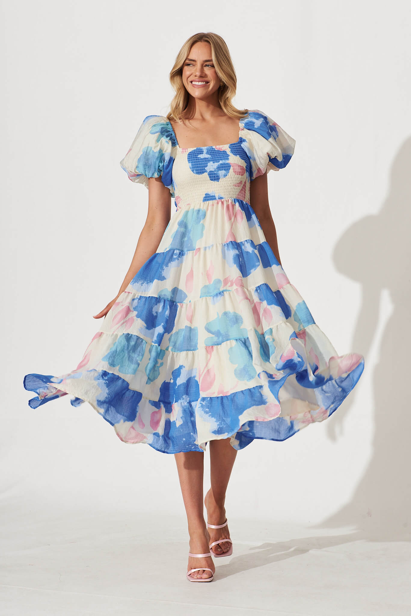 Kaitlyn Midi Dress In Cream With Blue Watercolour Floral - full length