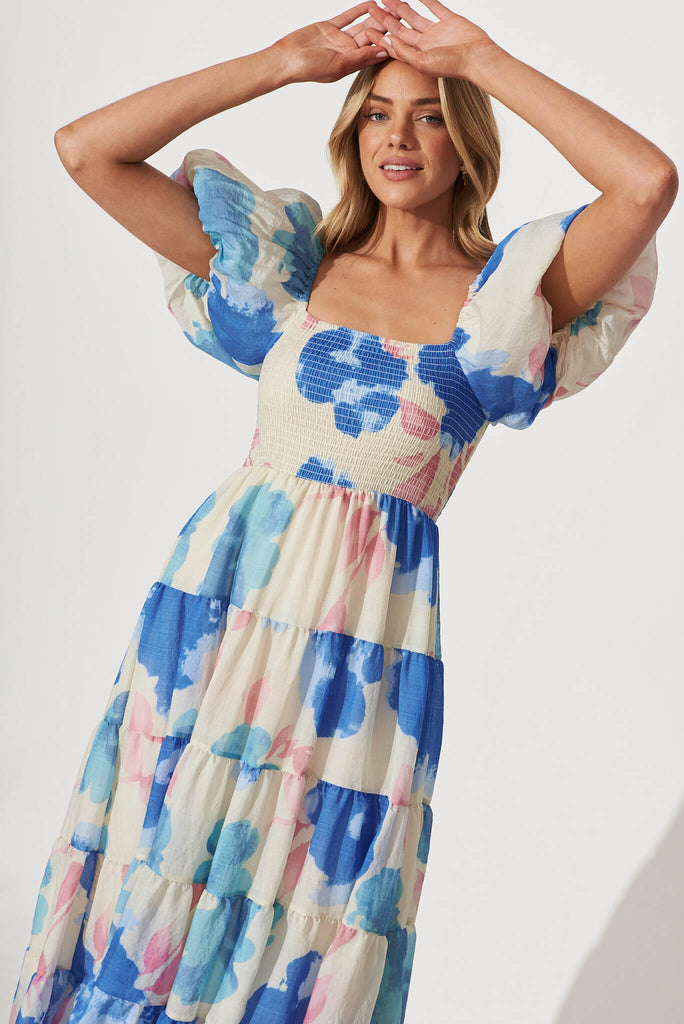 Kaitlyn Midi Dress In Cream With Blue Watercolour Floral - front