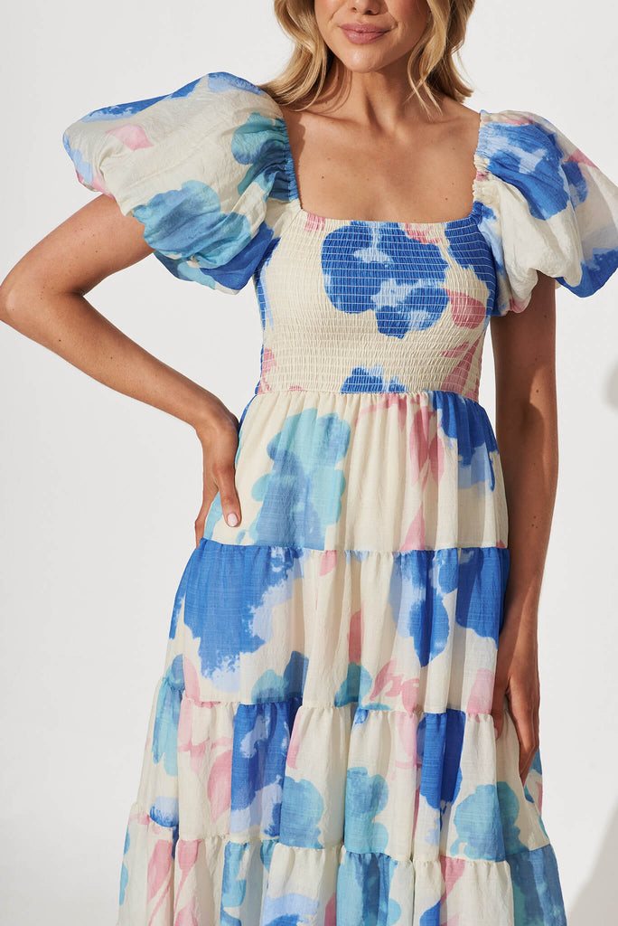 Kaitlyn Midi Dress In Cream With Blue Watercolour Floral - detail