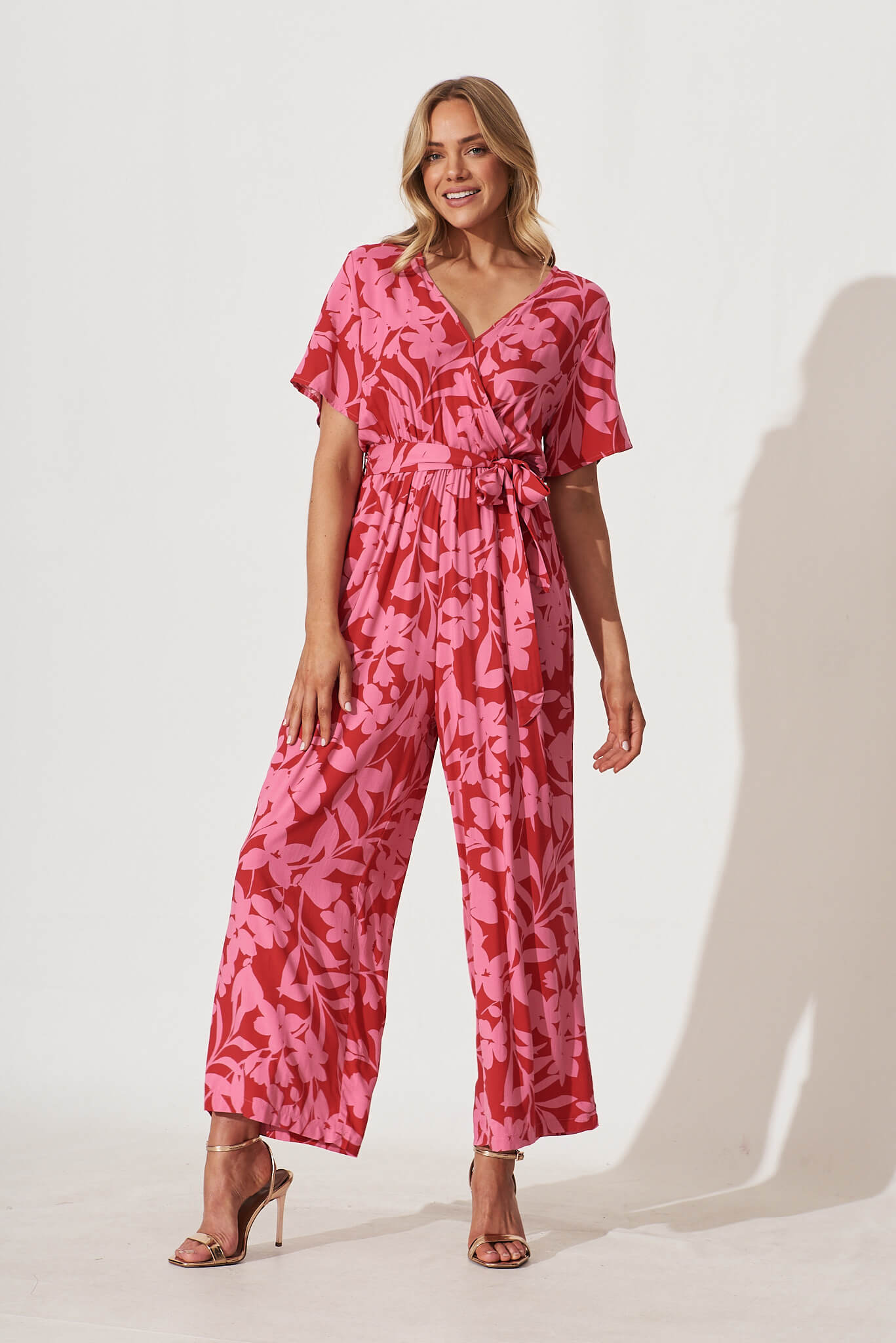 Calliope Jumpsuit In Red With Pink Floral Print - full length