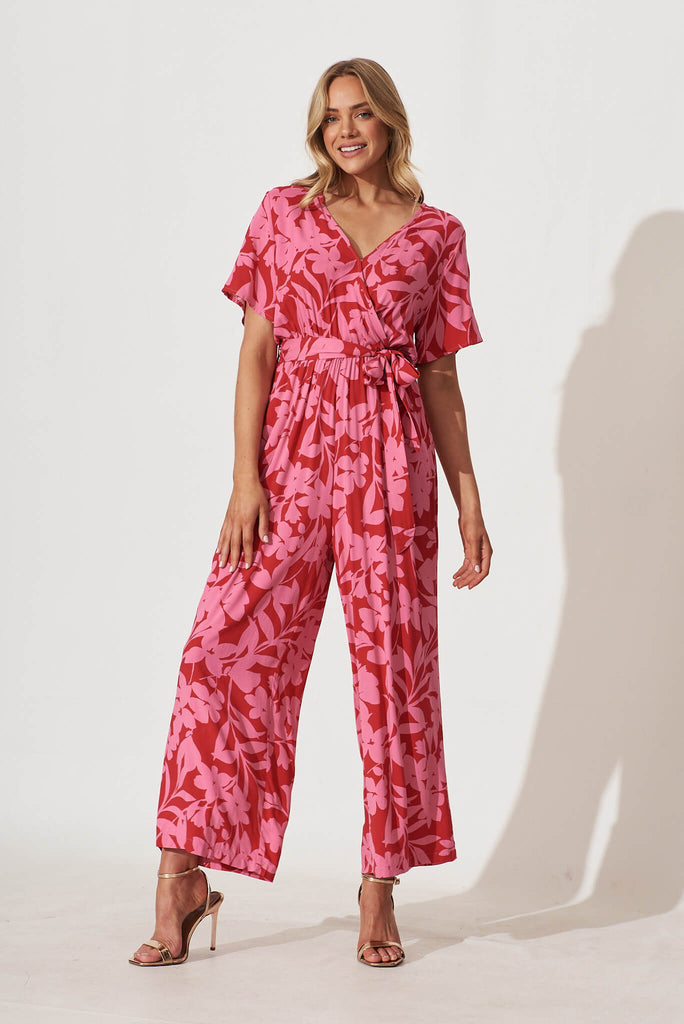 Calliope Jumpsuit In Red With Pink Floral Print - full length