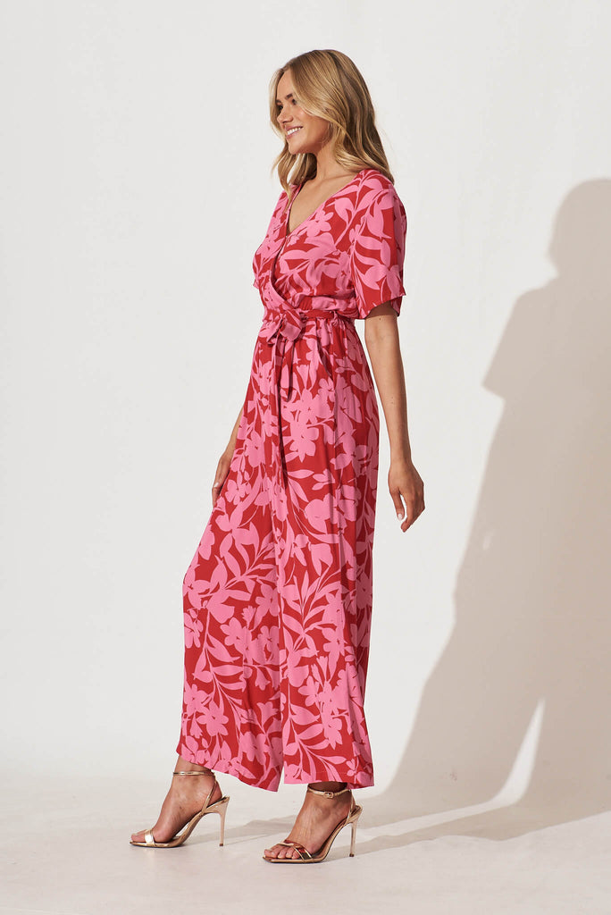 Calliope Jumpsuit In Red With Pink Floral Print - side