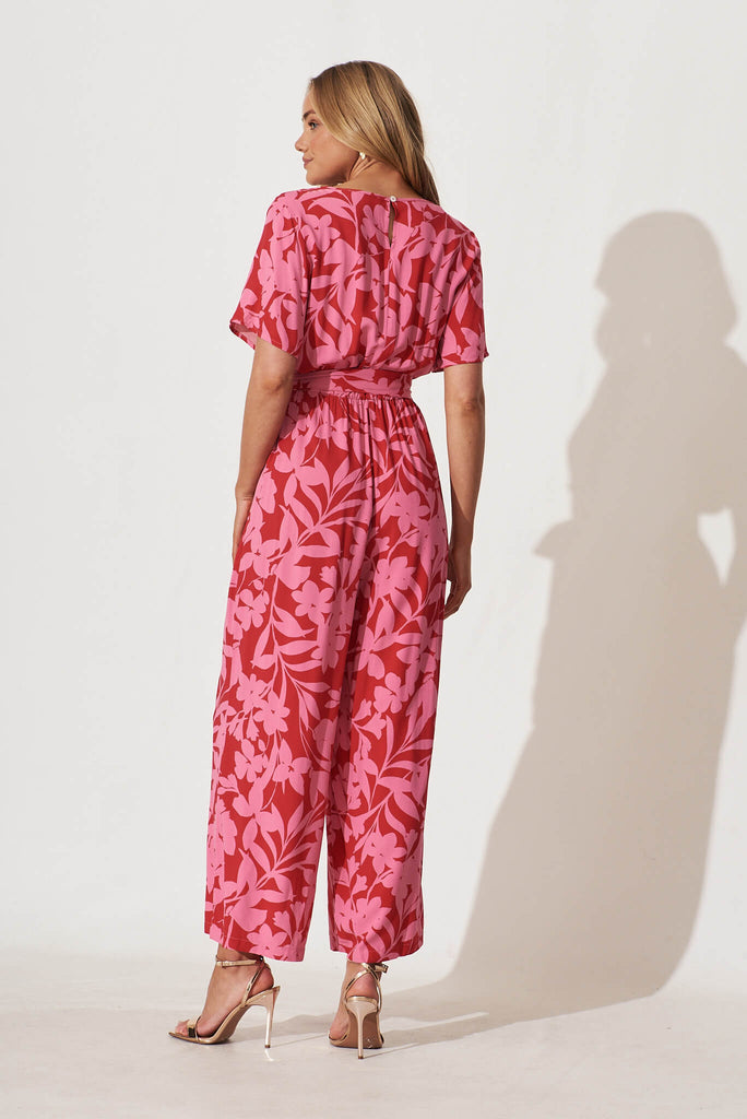 Calliope Jumpsuit In Red With Pink Floral Print - back