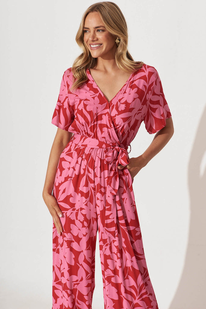Calliope Jumpsuit In Red With Pink Floral Print - front