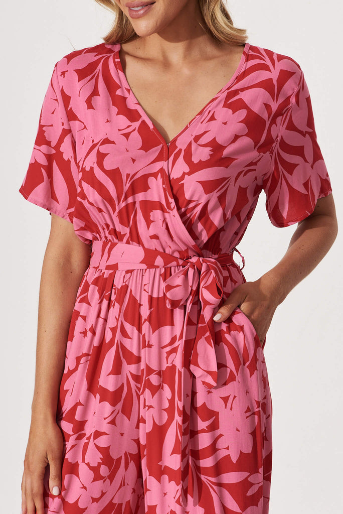 Calliope Jumpsuit In Red With Pink Floral Print - detail