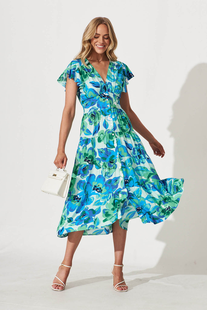 Lively Midi Dress In Blue With Green Floral - full length