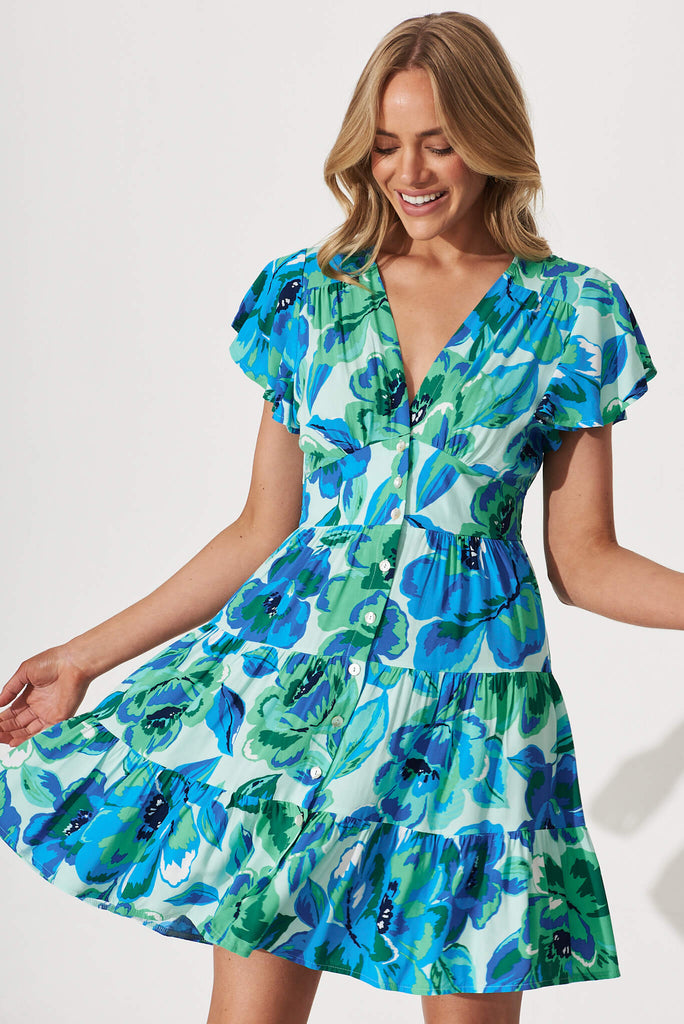 Lovina Dress In Blue With Green Floral - side