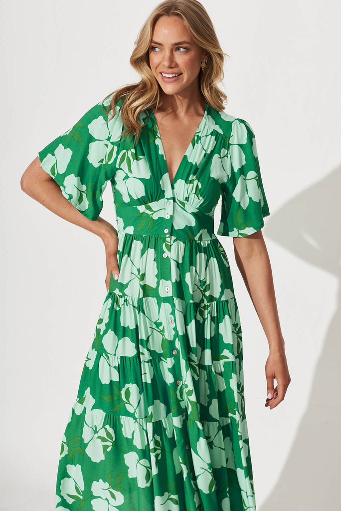 Awayday Midi Dress In Green Clover Leaf Print - front