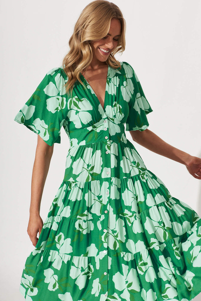 Awayday Midi Dress In Green Clover Leaf Print - front