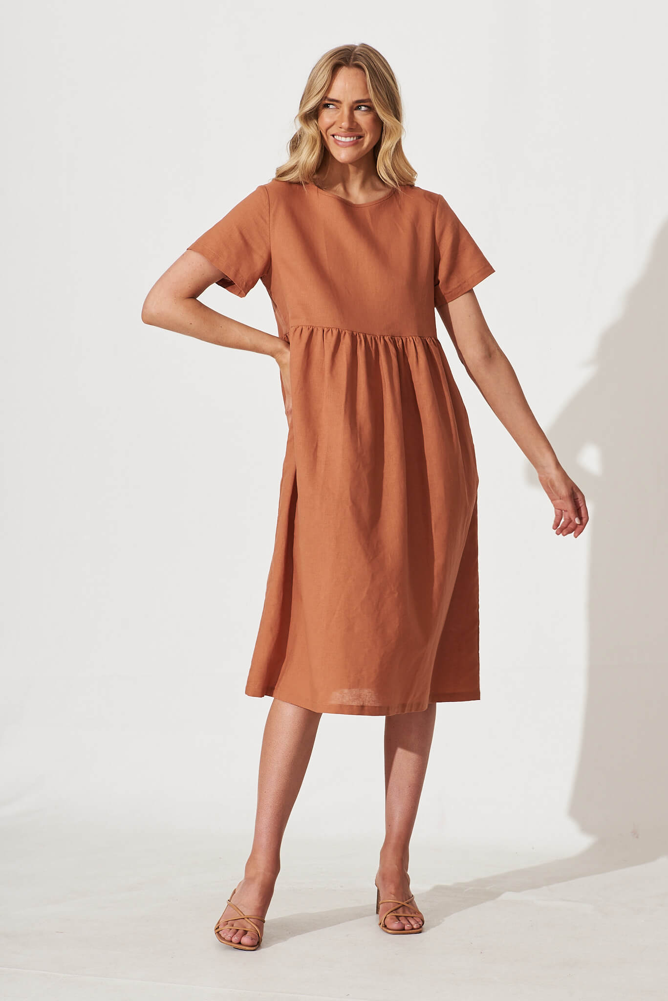 Seaside Midi Smock Dress In Rust Linen Cotton - full length