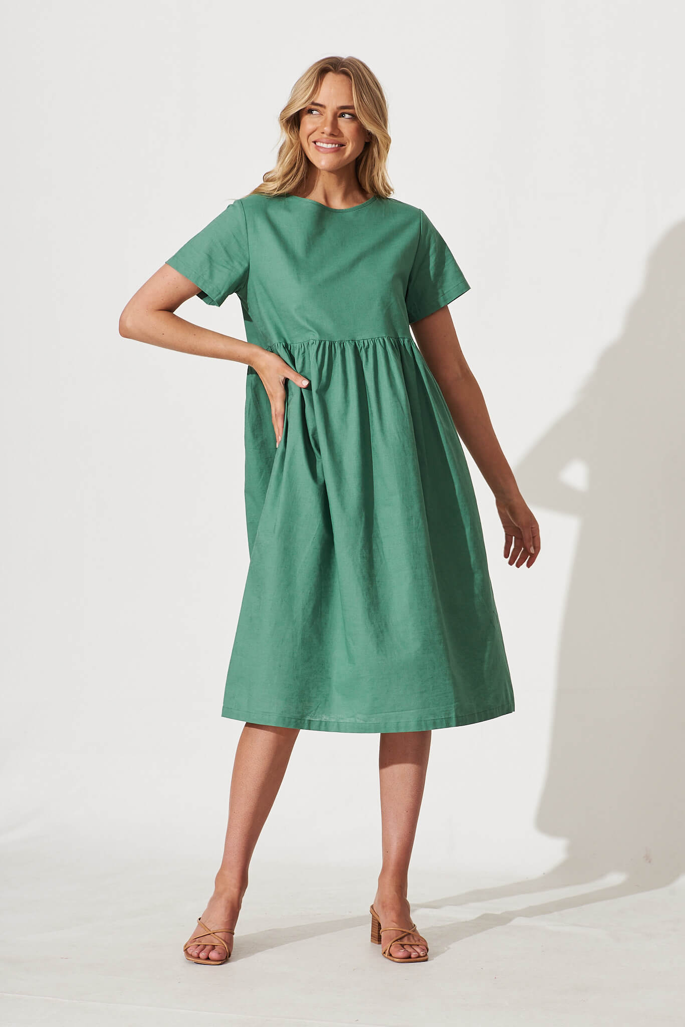 Seaside Midi Smock Dress In Sage Green Linen Cotton - full length