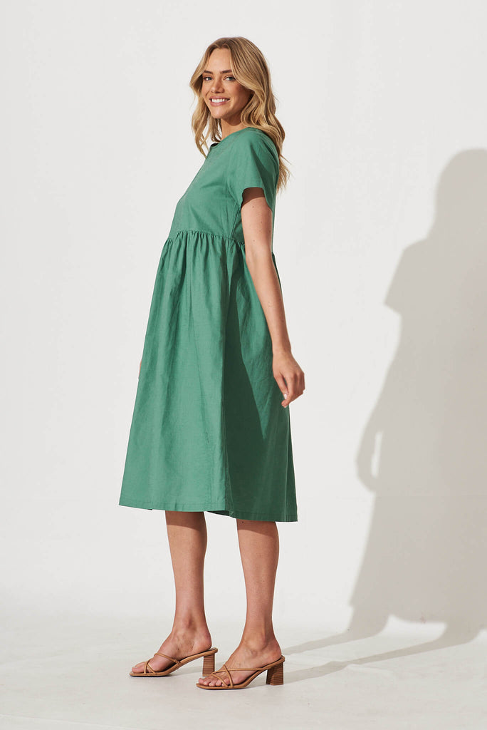 Seaside Midi Smock Dress In Sage Green Linen Cotton - side
