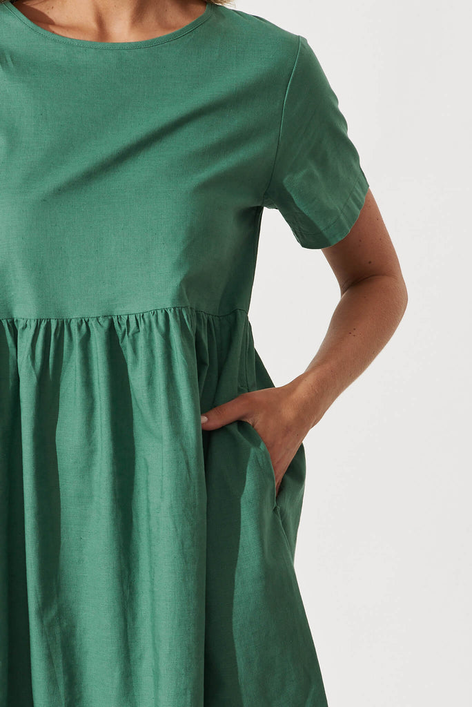 Seaside Midi Smock Dress In Sage Green Linen Cotton - detail