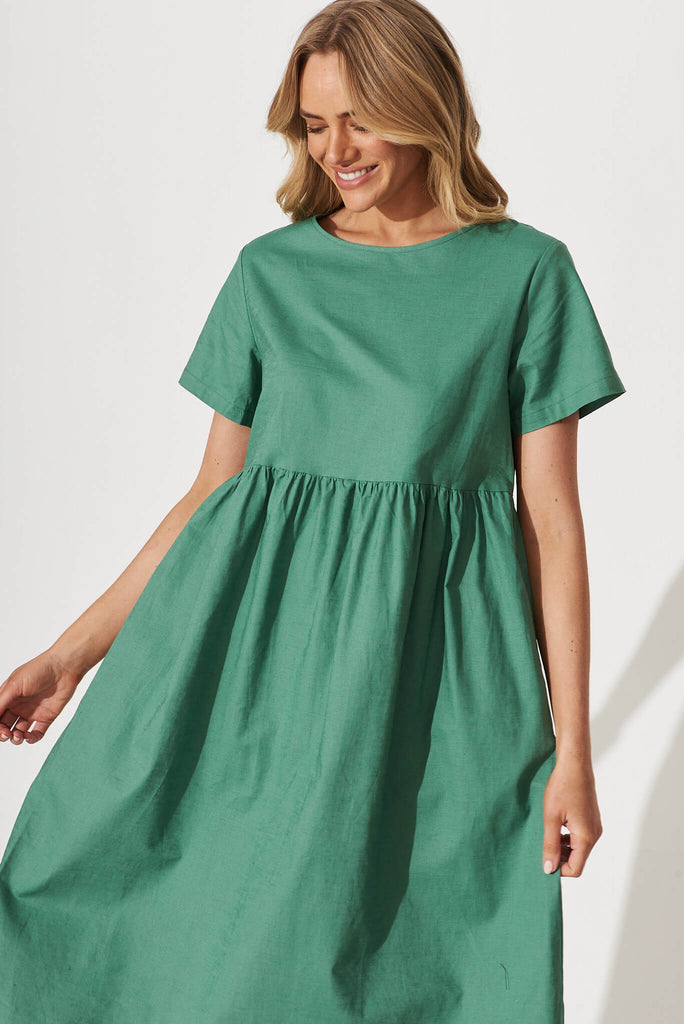 Seaside Midi Smock Dress In Sage Green Linen Cotton - front