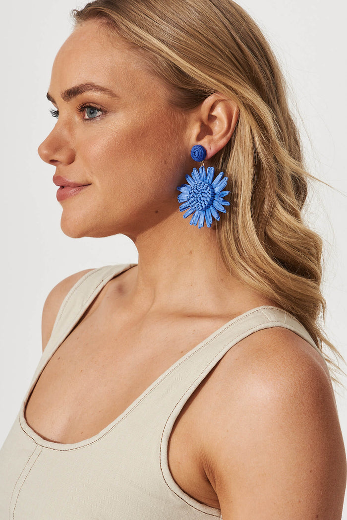 August + Delilah Sunlight Drop Earrings In Cobalt Blue Straw - side