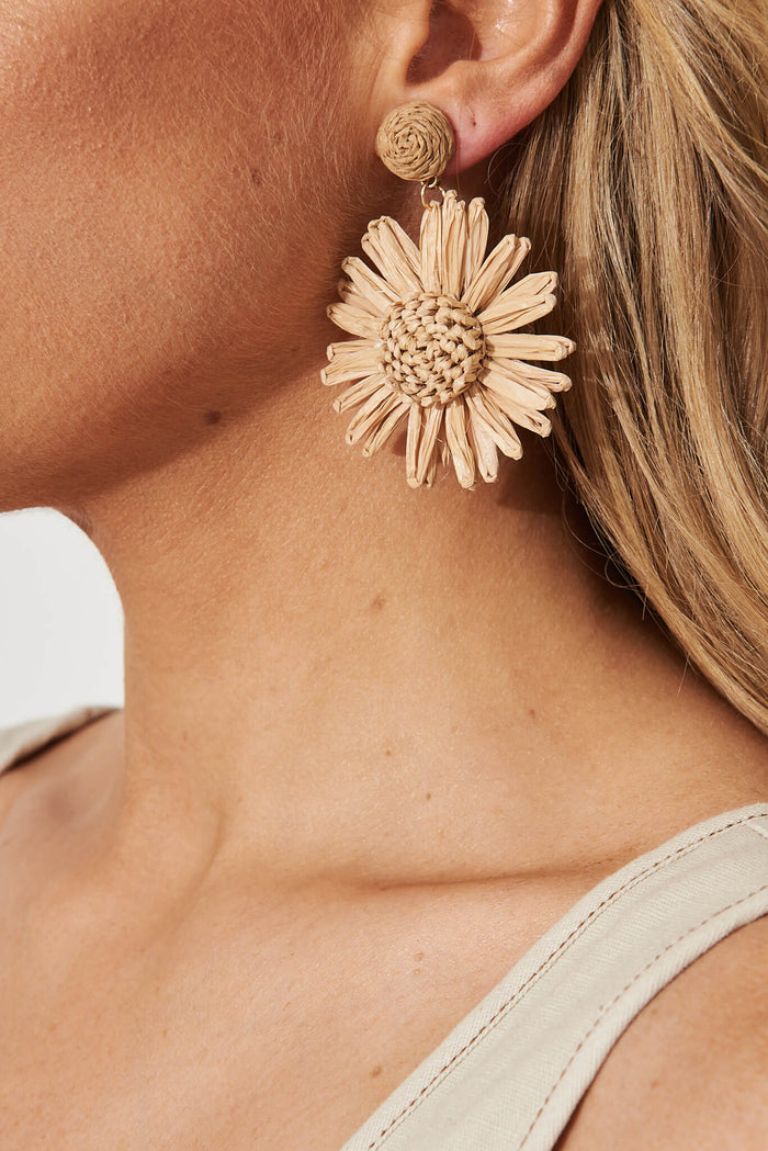August + Delilah Sunlight Drop Earrings In Brown Straw - detail
