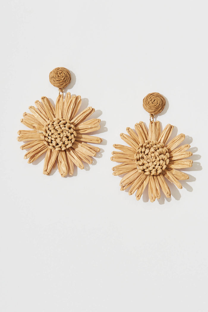 August + Delilah Sunlight Drop Earrings In Brown Straw - flatlay