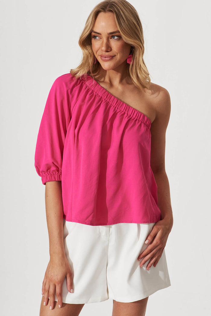 Last Kiss One Shoulder Top In Hot Pink - front