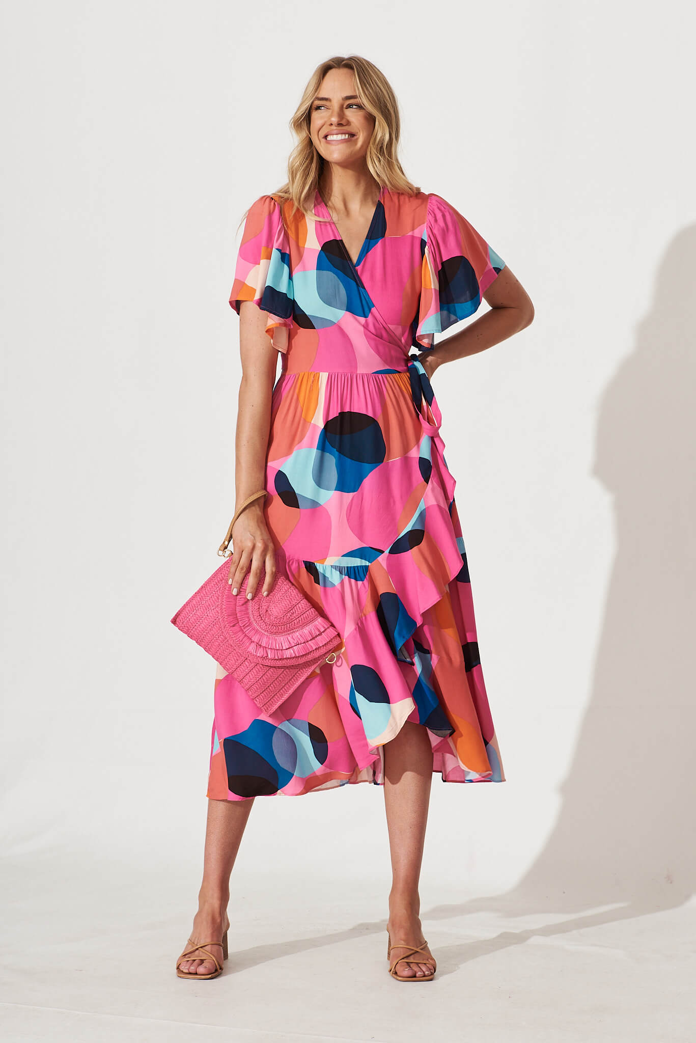 Jaida Midi Wrap Dress In Candy Pink With Blue Spot - full length