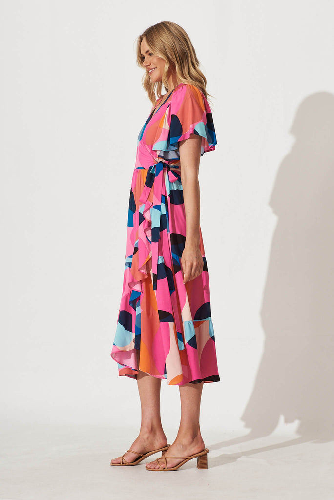 Jaida Midi Wrap Dress In Candy Pink With Blue Spot - side
