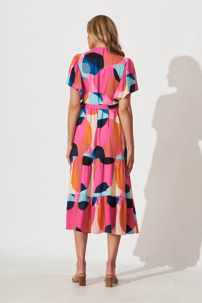 Jaida Midi Wrap Dress In Candy Pink With Blue Spot - back