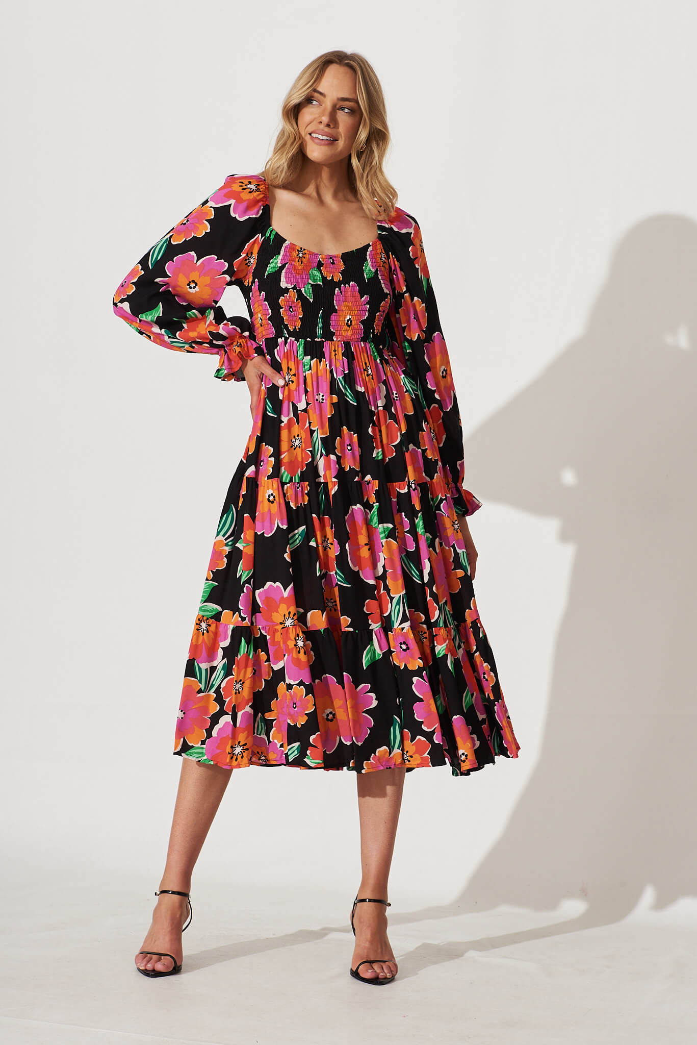 Betty Midi Dress In Black With Multi Floral - full length