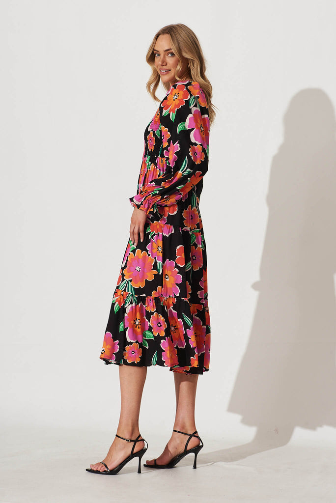 Betty Midi Dress In Black With Multi Floral - side