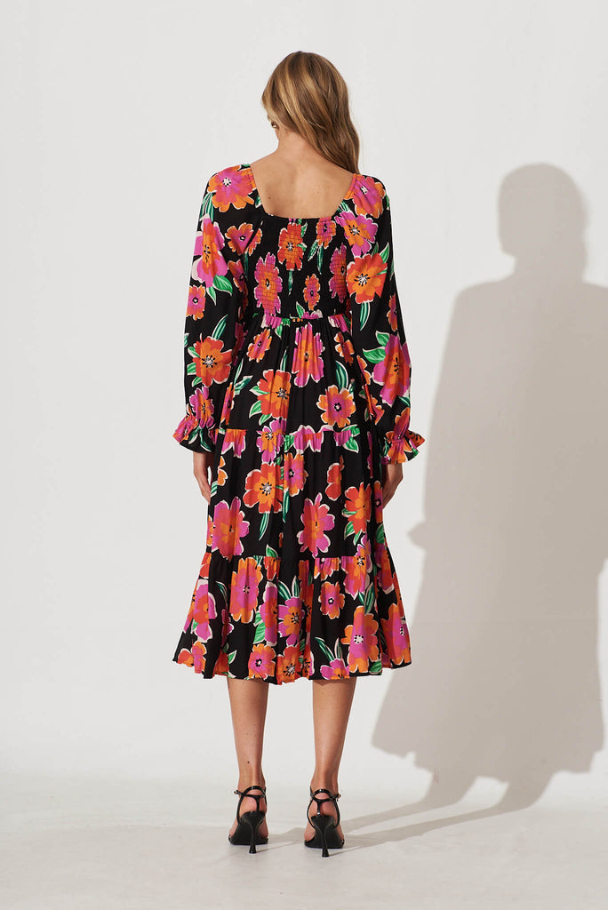 Betty Midi Dress In Black With Multi Floral - back
