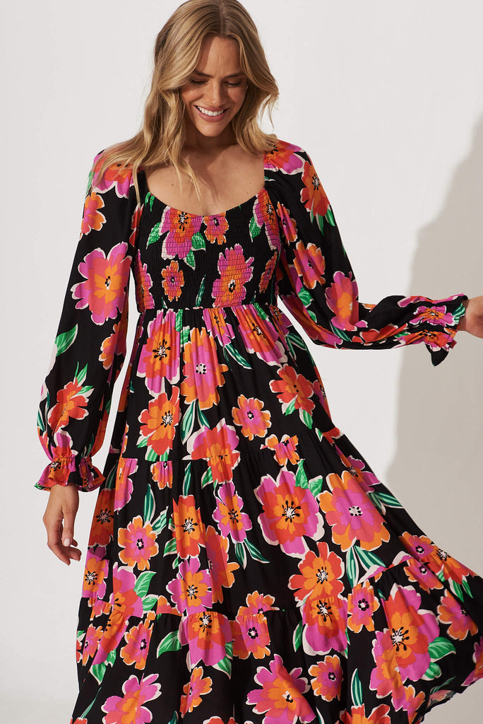 Betty Midi Dress In Black With Multi Floral - front