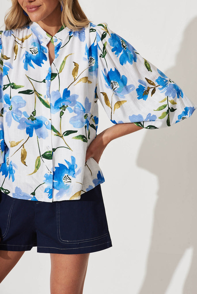 Botanica Shirt In White With Blue Floral Linen Blend - detail