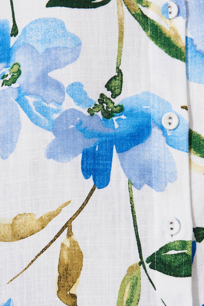Botanica Shirt In White With Blue Floral Linen Blend - fabric