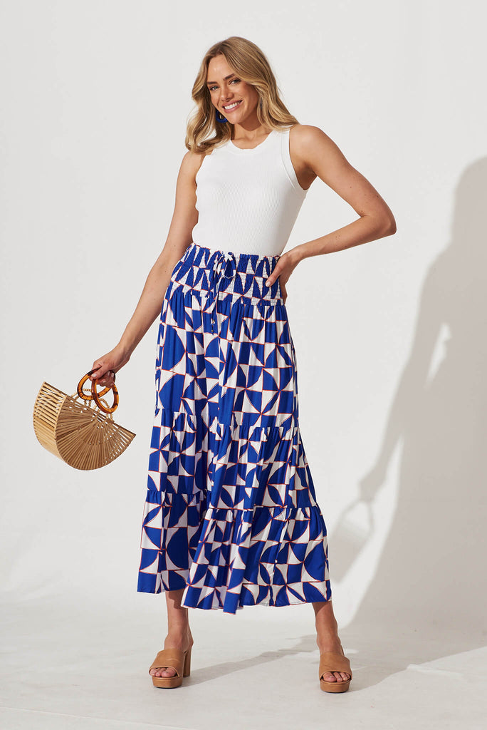 Leticia Maxi Skirt In Blue With White Geometric Print - full length