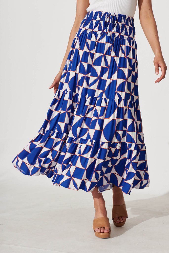 Leticia Maxi Skirt In Blue With White Geometric Print - front