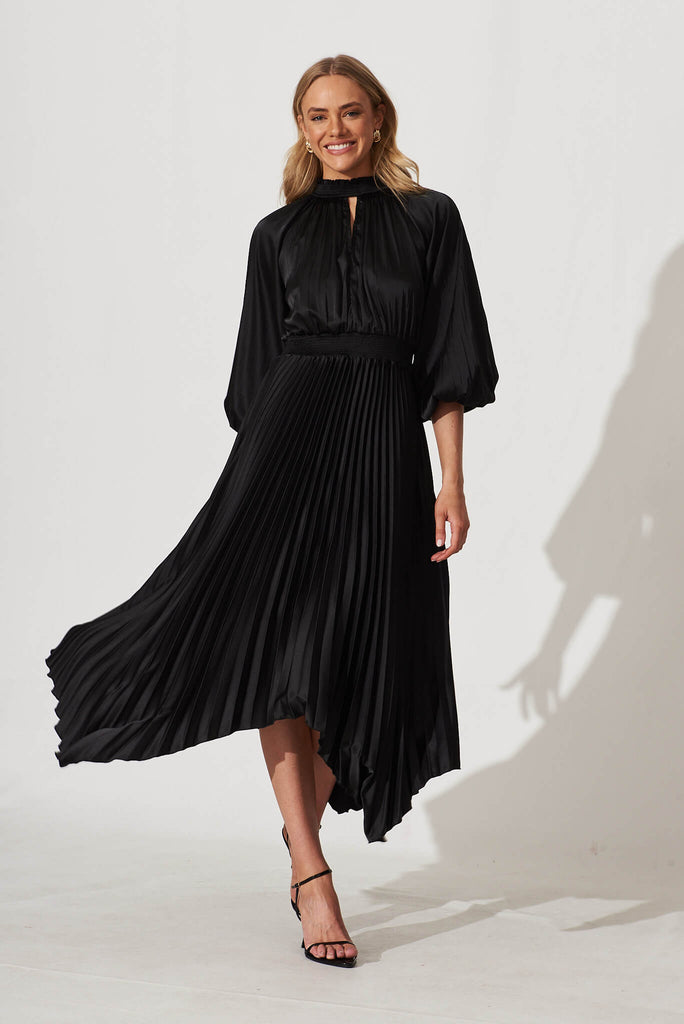 Nala Midi Dress In Black Satin - full length