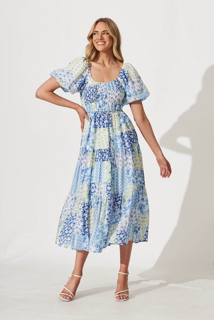 Butterfly Midi Dress In Blue Patchwork Floral - full length