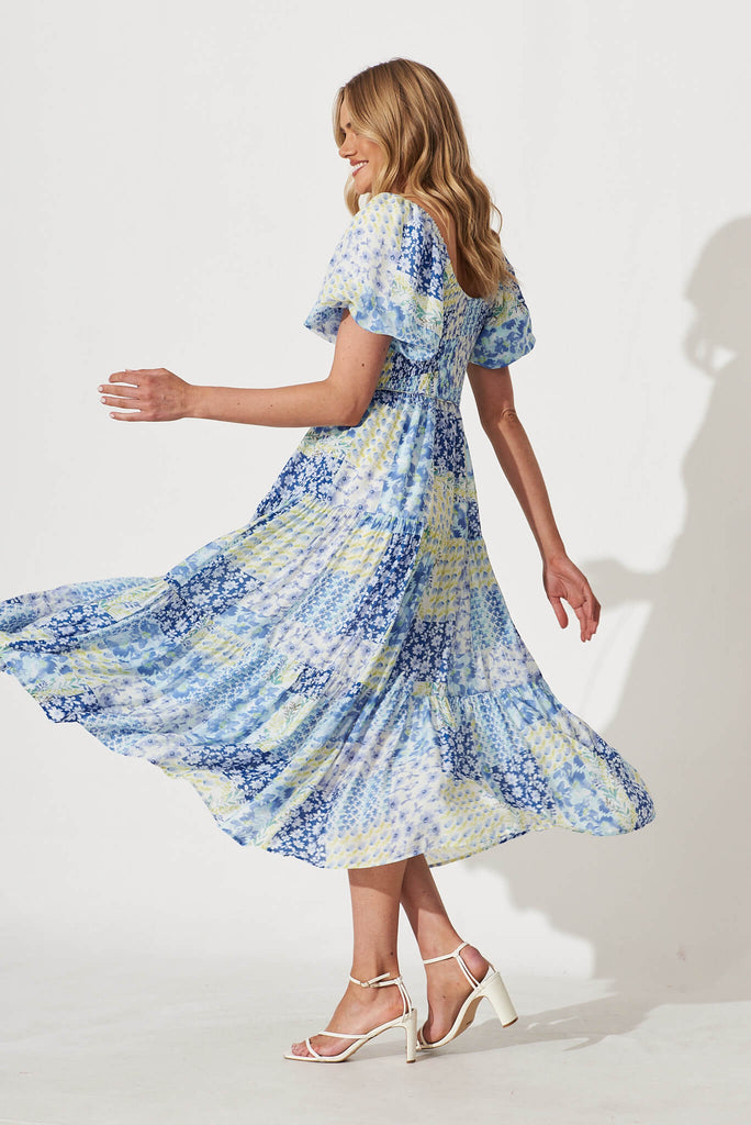 Butterfly Midi Dress In Blue Patchwork Floral - side