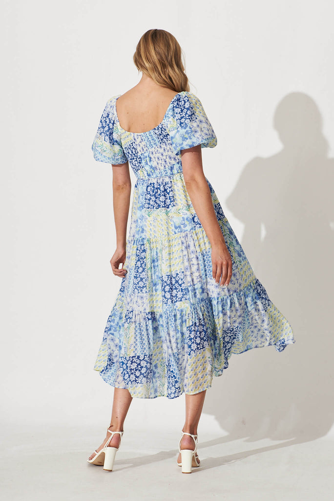 Butterfly Midi Dress In Blue Patchwork Floral - back