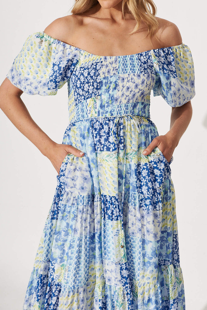 Butterfly Midi Dress In Blue Patchwork Floral - detail