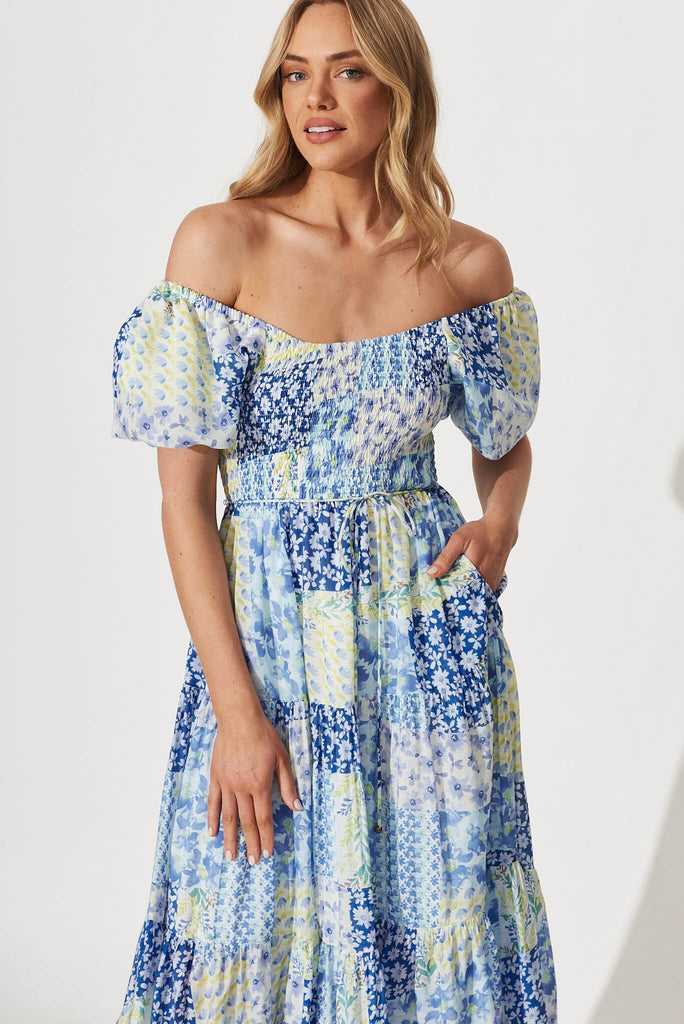 Butterfly Midi Dress In Blue Patchwork Floral - front