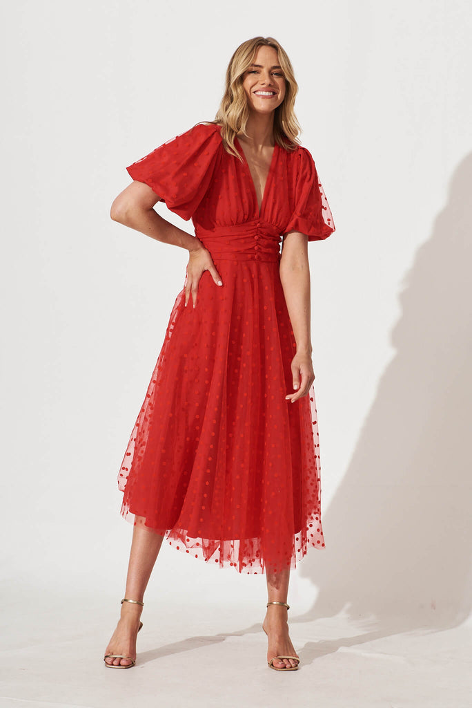Juliet Midi Dress In Red Spot Tulle - full length