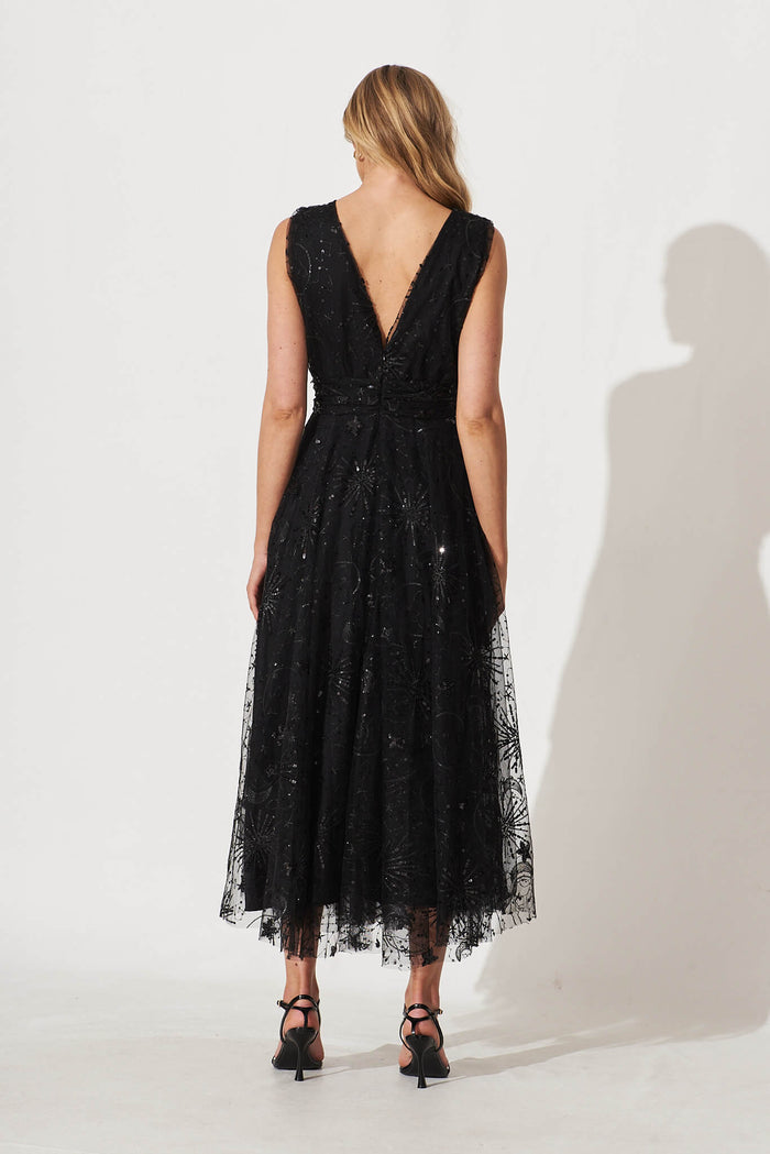 Dazzle Maxi Dress In Black Sequin Tulle - back