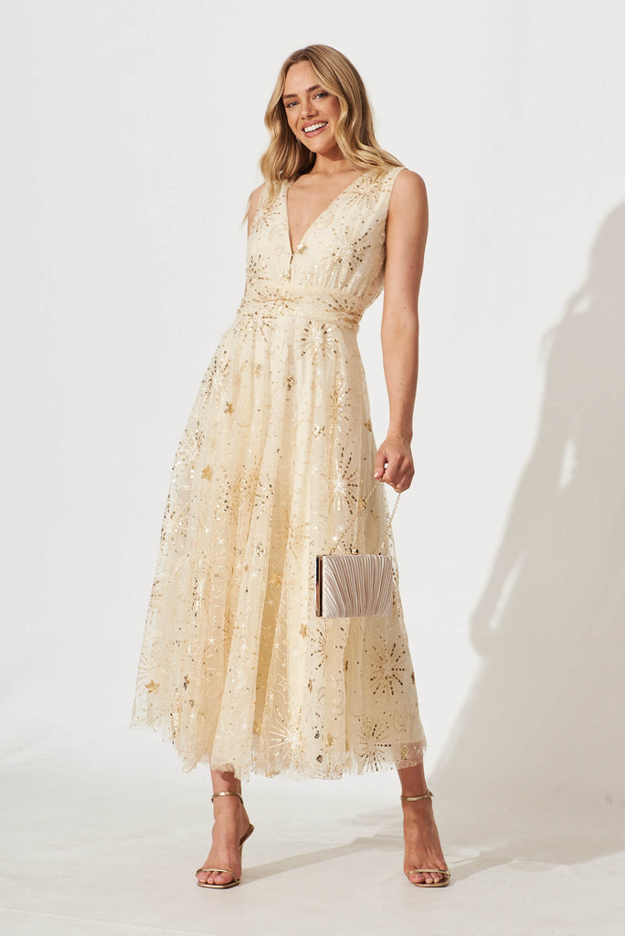 Dazzle Maxi Dress In Gold Sequin Tulle - full length