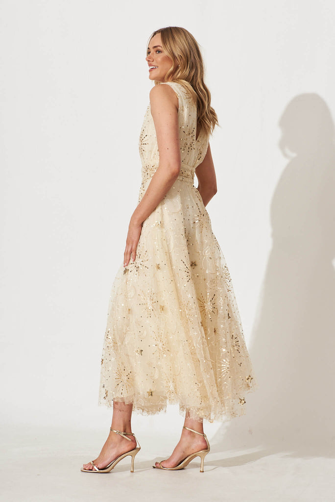 Dazzle Maxi Dress In Gold Sequin Tulle - side
