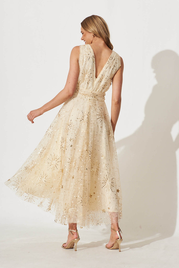 Dazzle Maxi Dress In Gold Sequin Tulle - back