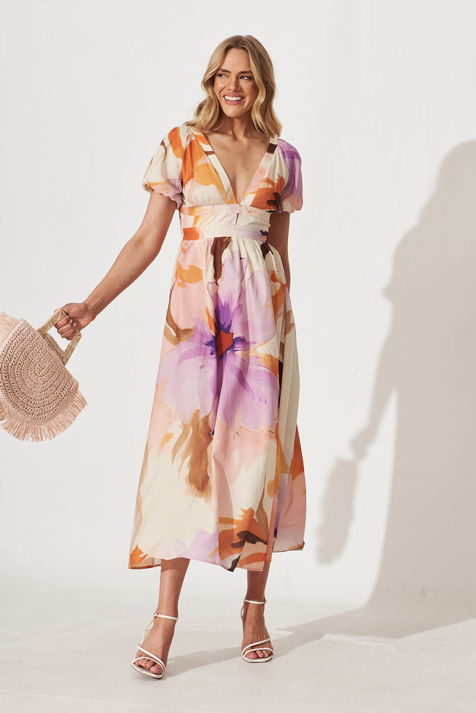 Mel Maxi Dress In Cream With Lilac Watercolour Floral - full length
