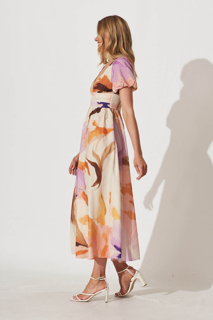 Mel Maxi Dress In Cream With Lilac Watercolour Floral - side