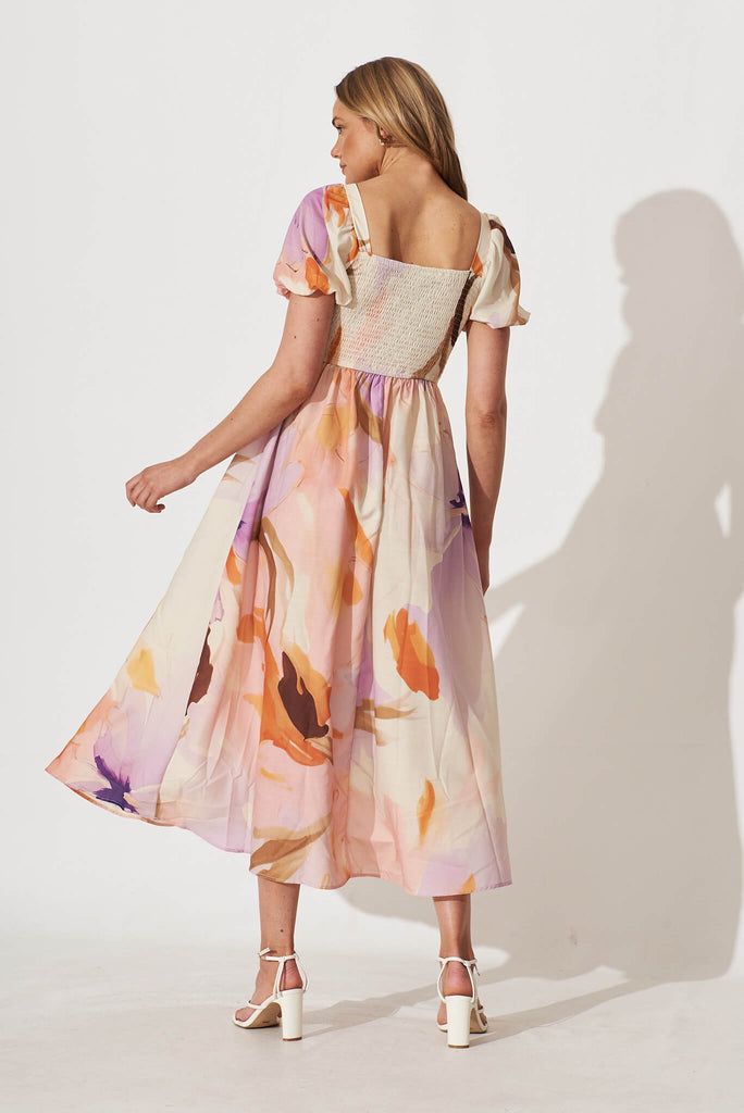Mel Maxi Dress In Cream With Lilac Watercolour Floral - back
