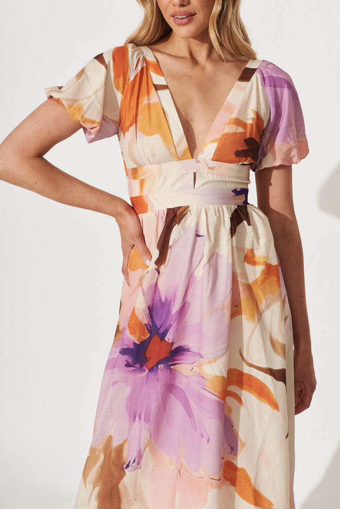 Mel Maxi Dress In Cream With Lilac Watercolour Floral - detail